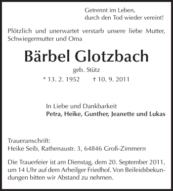 Traueranzeige von Bärbel Glotzbach von Echo-Zeitungen (Gesamtausgabe)