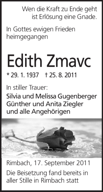 Traueranzeige von Edith Zmavc von Starkenburger Echo