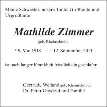 Traueranzeige von Mathilde Zimmer von Echo-Zeitungen (Gesamtausgabe)