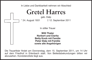 Traueranzeige von Gretel Harres von Starkenburger Echo