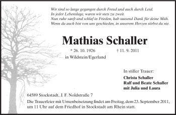 Traueranzeige von Mathias Schaller von Echo-Zeitungen (Gesamtausgabe)