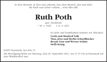 Traueranzeige von Ruth Poth von Darmstädter Echo, Odenwälder Echo, Rüsselsheimer Echo, Groß-Gerauer-Echo, Ried Echo Traueranzeige von Ruth Poth von Darmstädter Echo, Odenwälder Echo, Rüsselsheimer Echo, Groß-Gerauer-Echo, Ried Echo