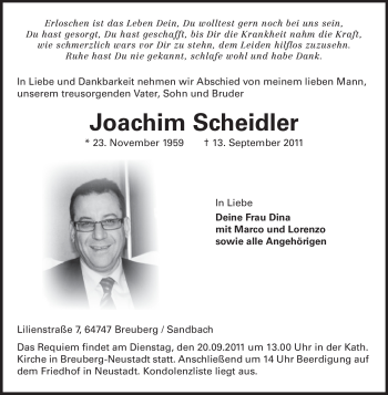 Traueranzeige von Joachim Scheidler von Odenwälder Echo