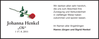 Traueranzeige von Johanna (Oli) Henkel von Echo-Zeitungen (Gesamtausgabe)