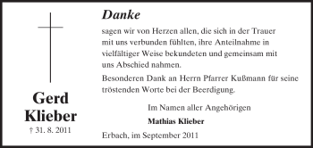 Traueranzeige von Gerd Klieber von Odenwälder Echo