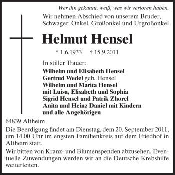Traueranzeige von Helmut Hensel von Echo-Zeitungen (Gesamtausgabe)