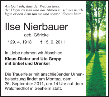 Traueranzeige von Ilse Nierbauer von Echo-Zeitungen (Gesamtausgabe)