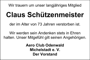 Traueranzeige von Claus Schützenmeister von Odenwälder Echo