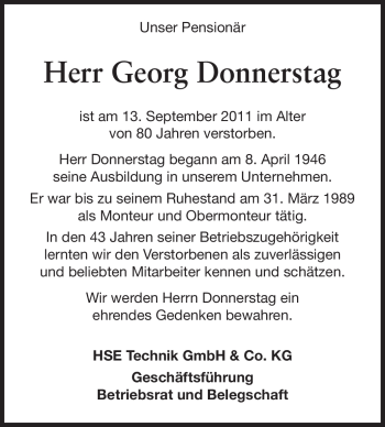 Traueranzeige von Georg Donnerstag von Echo-Zeitungen (Gesamtausgabe)