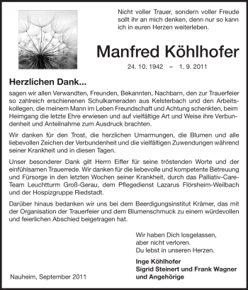 Traueranzeige von Manfred Köhlhofer von Rüsselsheimer Echo, Groß-Gerauer-Echo, Ried Echo