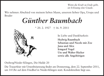 Traueranzeige von Günther Baumbach von Echo-Zeitungen (Gesamtausgabe)