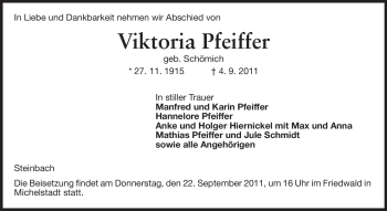 Traueranzeige von Viktoria Pfeiffer von Odenwälder Echo