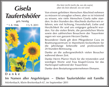 Traueranzeige von Gisela Taufertshöfer von Starkenburger Echo
