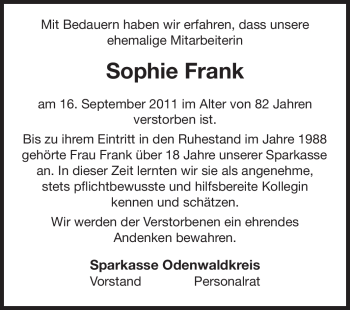 Traueranzeige von Sophie Frank von Odenwälder Echo
