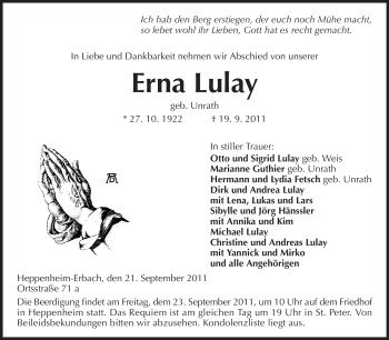 Traueranzeige von Erna Lulay von Starkenburger Echo