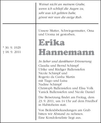 Traueranzeige von Erika Hannemann von Echo-Zeitungen (Gesamtausgabe)