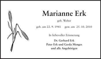 Traueranzeige von Marianne Erk von Odenwälder Echo