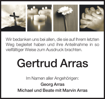 Traueranzeige von Gertrud Arras von Echo-Zeitungen (Gesamtausgabe) Traueranzeige von Gertrud Arras von Echo-Zeitungen (Gesamtausgabe)