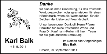 Traueranzeige von Karl Balk von Odenwälder Echo