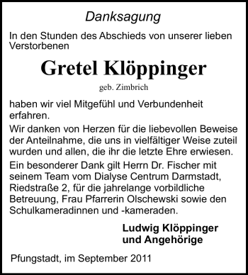 Traueranzeige von Gretel Klöppinger von Darmstädter Echo, Odenwälder Echo, Rüsselsheimer Echo, Groß-Gerauer-Echo, Ried Echo