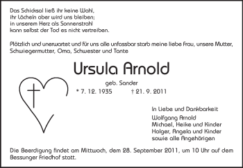 Traueranzeige von Ursula Arnold von Echo-Zeitungen (Gesamtausgabe)