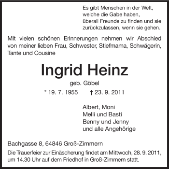 Traueranzeige von Ingrid Heinz von Echo-Zeitungen (Gesamtausgabe)