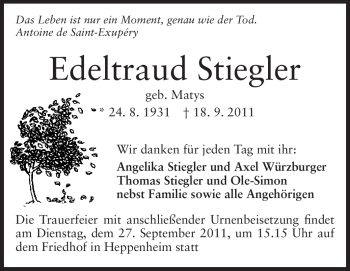 Traueranzeige von Edeltraut Stiegler von Starkenburger Echo