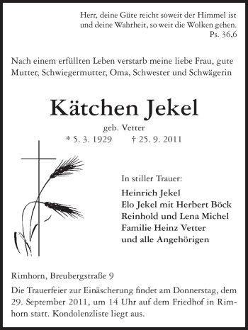 Traueranzeige von Kätchen Jekel von Odenwälder Echo