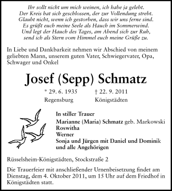 Traueranzeige von Josef Schmatz von Rüsselsheimer Echo, Groß-Gerauer-Echo, Ried Echo