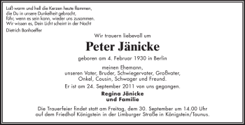 Traueranzeige von Peter Jänicke von Rüsselsheimer Echo, Groß-Gerauer-Echo, Ried Echo