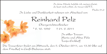 Traueranzeige von Reinhard Pelz von Darmstädter Echo, Odenwälder Echo, Rüsselsheimer Echo, Groß-Gerauer-Echo, Ried Echo