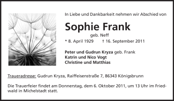 Traueranzeige von Sophie Frank von Odenwälder Echo