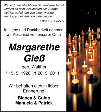 Traueranzeige von Margarethe Gieß von Odenwälder Echo
