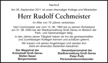 Traueranzeige von Rudolf Cechmeister von Rüsselsheimer Echo, Groß-Gerauer-Echo, Ried Echo