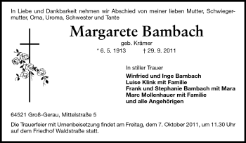 Traueranzeige von Margarete Bambach von Rüsselsheimer Echo, Groß-Gerauer-Echo, Ried Echo