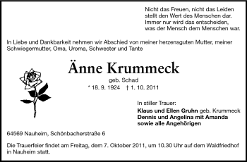 Traueranzeige von Änne Krummeck von Rüsselsheimer Echo, Groß-Gerauer-Echo, Ried Echo