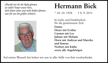 Traueranzeige von Hermann Biek von Echo-Zeitungen (Gesamtausgabe)
