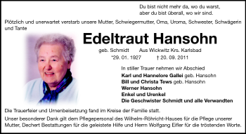 Traueranzeige von Edeltraut Hansohn von Darmstädter Echo, Odenwälder Echo, Rüsselsheimer Echo, Groß-Gerauer-Echo, Ried Echo