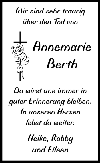 Traueranzeige von Annemarie Berth von Echo-Zeitungen (Gesamtausgabe) Traueranzeige von Annemarie Berth von Echo-Zeitungen (Gesamtausgabe)