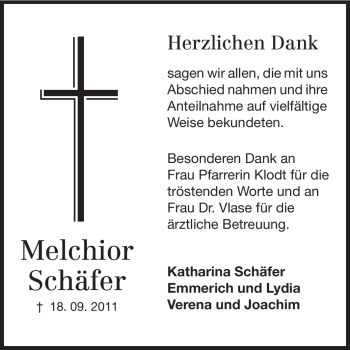 Traueranzeige von Melchior Schäfer  von Darmstädter Echo, Odenwälder Echo, Rüsselsheimer Echo, Groß-Gerauer-Echo, Ried Echo
