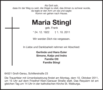 Traueranzeige von Maria Stingl von Rüsselsheimer Echo, Groß-Gerauer-Echo, Ried Echo