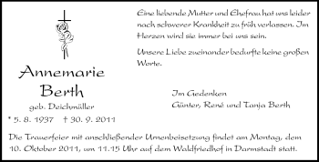 Traueranzeige von Annemarie Berth von Darmstädter Echo, Odenwälder Echo, Rüsselsheimer Echo, Groß-Gerauer-Echo, Ried Echo Traueranzeige von Annemarie Berth von Darmstädter Echo, Odenwälder Echo, Rüsselsheimer Echo, Groß-Gerauer-Echo, Ried Echo
