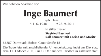 Traueranzeige von Inge Baumert von Darmstädter Echo, Odenwälder Echo, Rüsselsheimer Echo, Groß-Gerauer-Echo, Ried Echo Traueranzeige von Inge Baumert von Darmstädter Echo, Odenwälder Echo, Rüsselsheimer Echo, Groß-Gerauer-Echo, Ried Echo