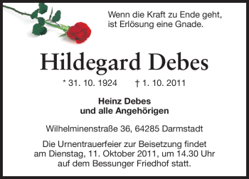 Traueranzeige von Hildegard Debes von Echo-Zeitungen (Gesamtausgabe)
