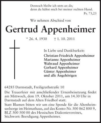Traueranzeige von Gertrud Appenheimer von Echo-Zeitungen (Gesamtausgabe) Traueranzeige von Gertrud Appenheimer von Echo-Zeitungen (Gesamtausgabe)