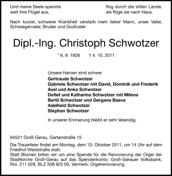 Traueranzeige von Christoph Schwotzer von Rüsselsheimer Echo, Groß-Gerauer-Echo, Ried Echo