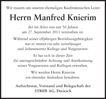 Traueranzeige von Manfed Knierim von Odenwälder Echo