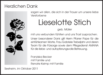 Traueranzeige von Lieselotte Stich von Echo-Zeitungen (Gesamtausgabe)
