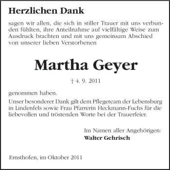Traueranzeige von Martha Geyer von Darmstädter Echo, Odenwälder Echo, Rüsselsheimer Echo, Groß-Gerauer-Echo, Ried Echo