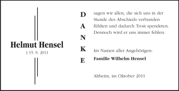 Traueranzeige von Helmut Hensel von Darmstädter Echo, Odenwälder Echo, Rüsselsheimer Echo, Groß-Gerauer-Echo, Ried Echo